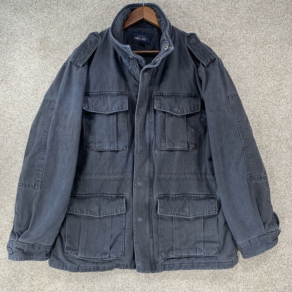VTG Thrashed Cherokee Lg Jacket Distressed‎ Grunge Cargo Denim Utility *Flaw*